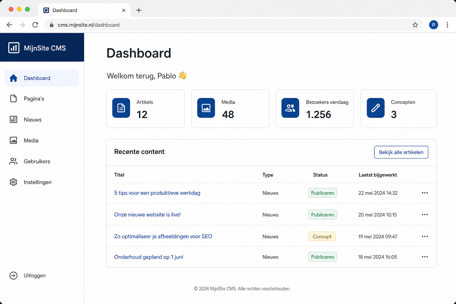 pCMS dashboard